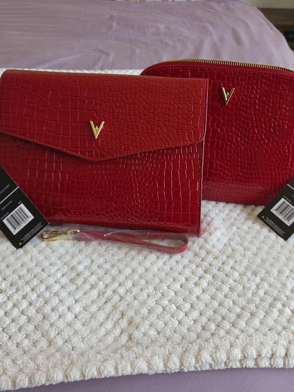 NWT Vanessa Williams Red Croc Embossed Clutch + Cosmetic Bag Set